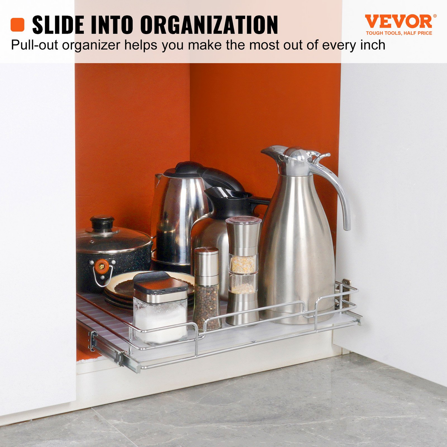 Start2Finish VEVOR 21.5-inch steel pull-out cabinet organizer with slide-out shelves for kitchen pantry or under-sink storage.