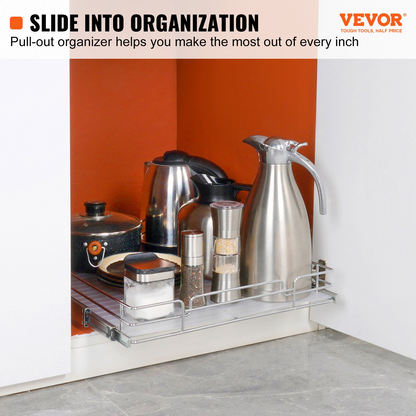 Start2Finish VEVOR 21.5-inch steel pull-out cabinet organizer with slide-out shelves for kitchen pantry or under-sink storage.