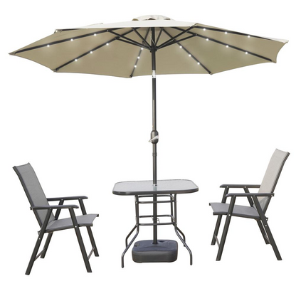 Start2Finish Sierra 9-foot outdoor patio tilt market umbrella with solar LED lights, featuring sturdy fabric canopy and adjustable tilt.