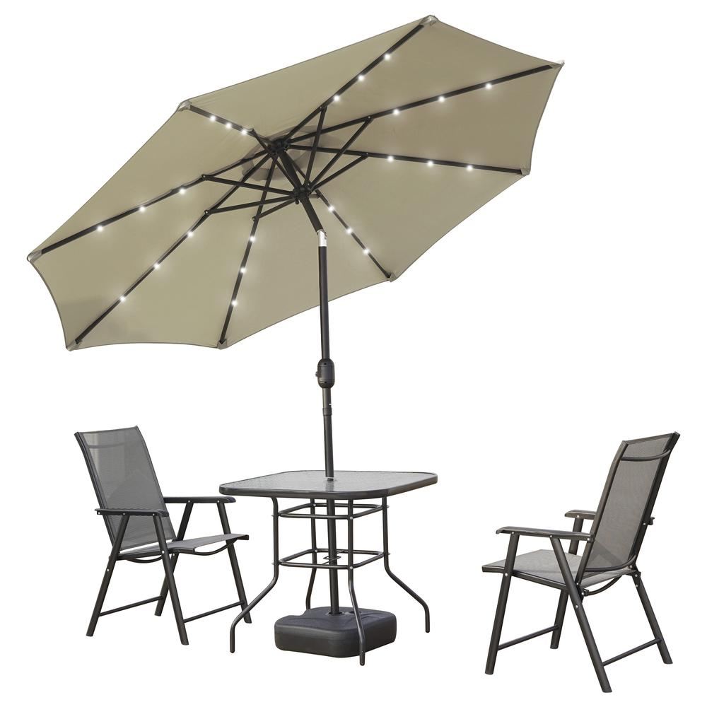 Start2Finish Sierra 9-foot outdoor patio tilt market umbrella with solar LED lights, showing the umbrella open with solar panels and lights.