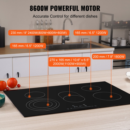 Start2Finish VEVOR built-in electric stove top with five burners, glass radiant cooktop, sensor touch controls, and safety lock.