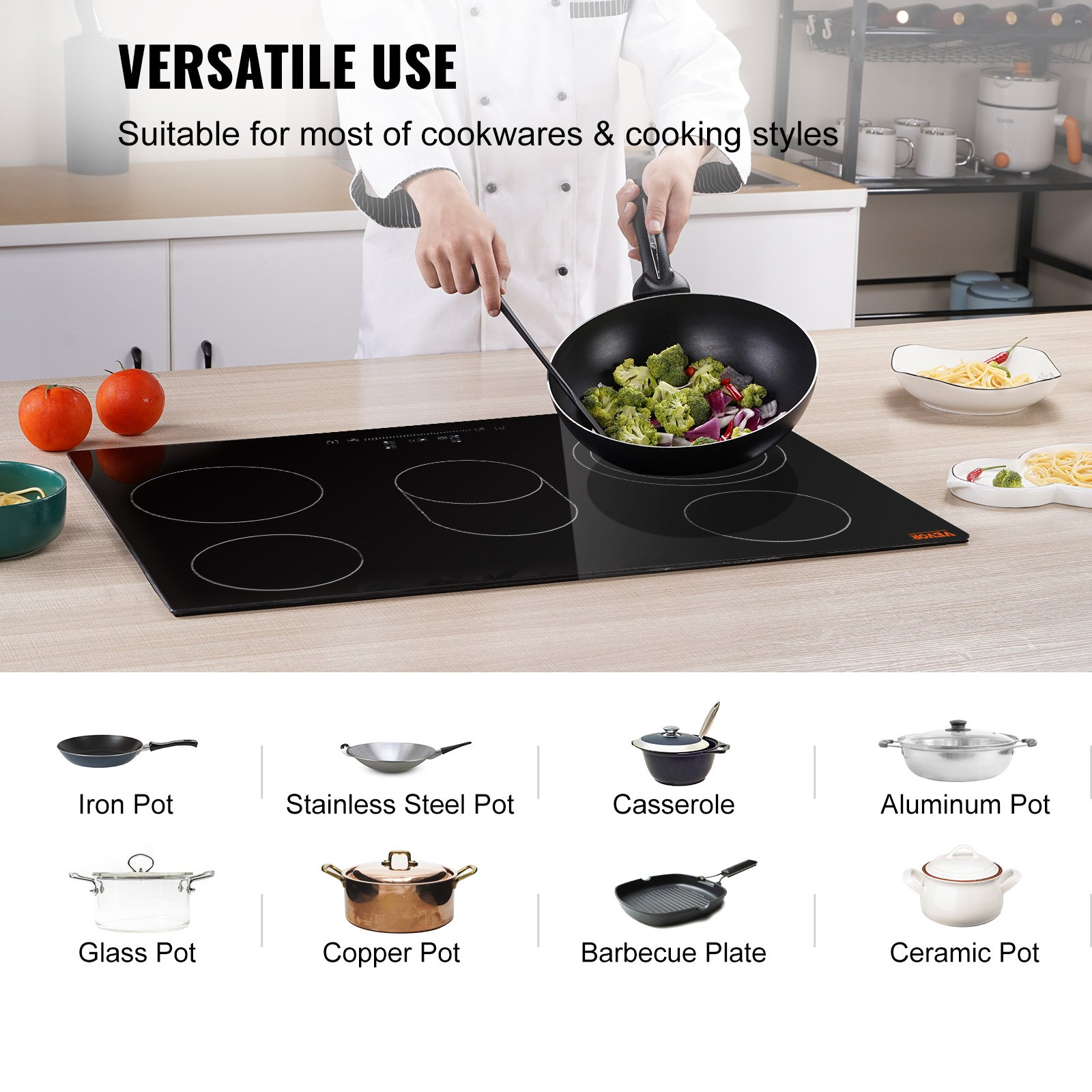 Start2Finish VEVOR built-in electric stove top with five burners, glass radiant cooktop, sensor touch control, and safety lock.
