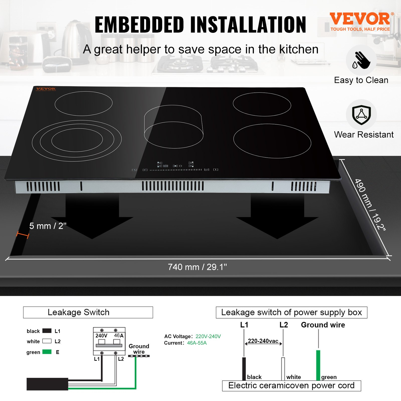 Start2Finish VEVOR built-in electric stove top with five burners, glass surface, touch controls, and safety lock.