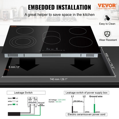 Start2Finish VEVOR built-in electric stove top with five burners, glass surface, touch controls, and safety lock.