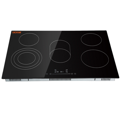 Start2Finish VEVOR 30.3x20.5 inch built-in electric stove top with five burners, glass surface, touch controls, and safety features.