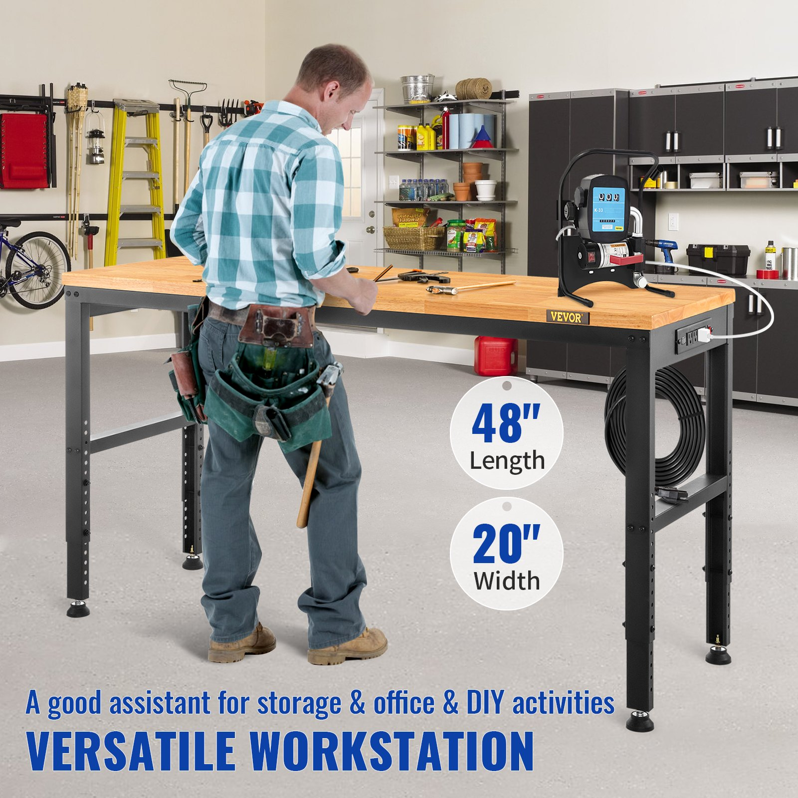 Start2Finish VEVOR adjustable workbench with 2000 lbs capacity, 48x20-inch surface, height adjust, power outlets, for garage or workshop.