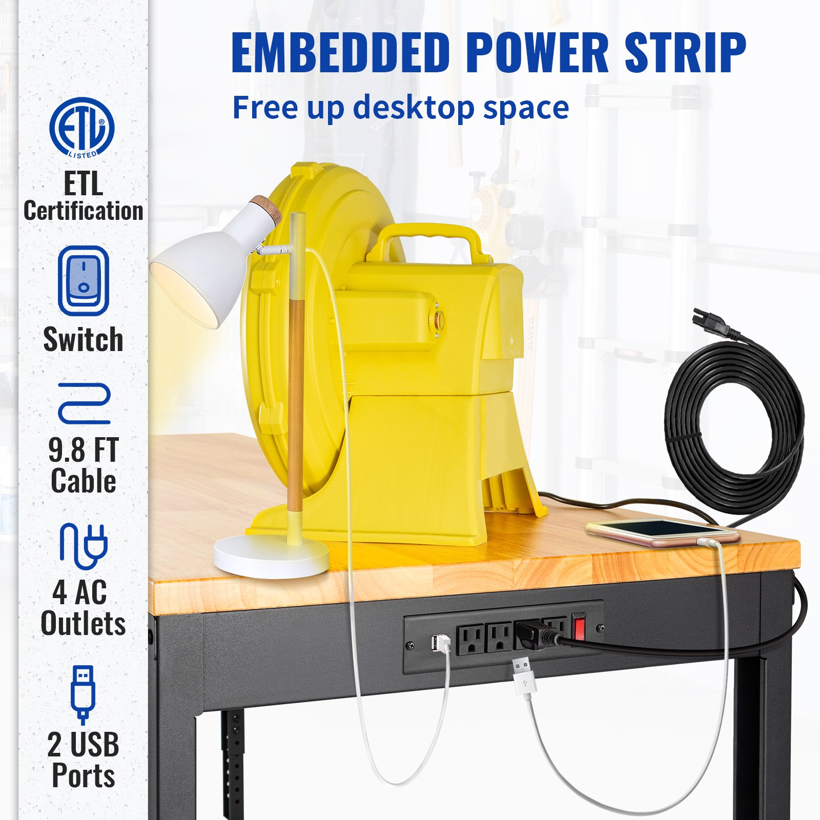 Start2Finish VEVOR adjustable workbench with power outlets, 2000 lbs capacity, 48x20-inch heavy-duty garage and workshop work table.