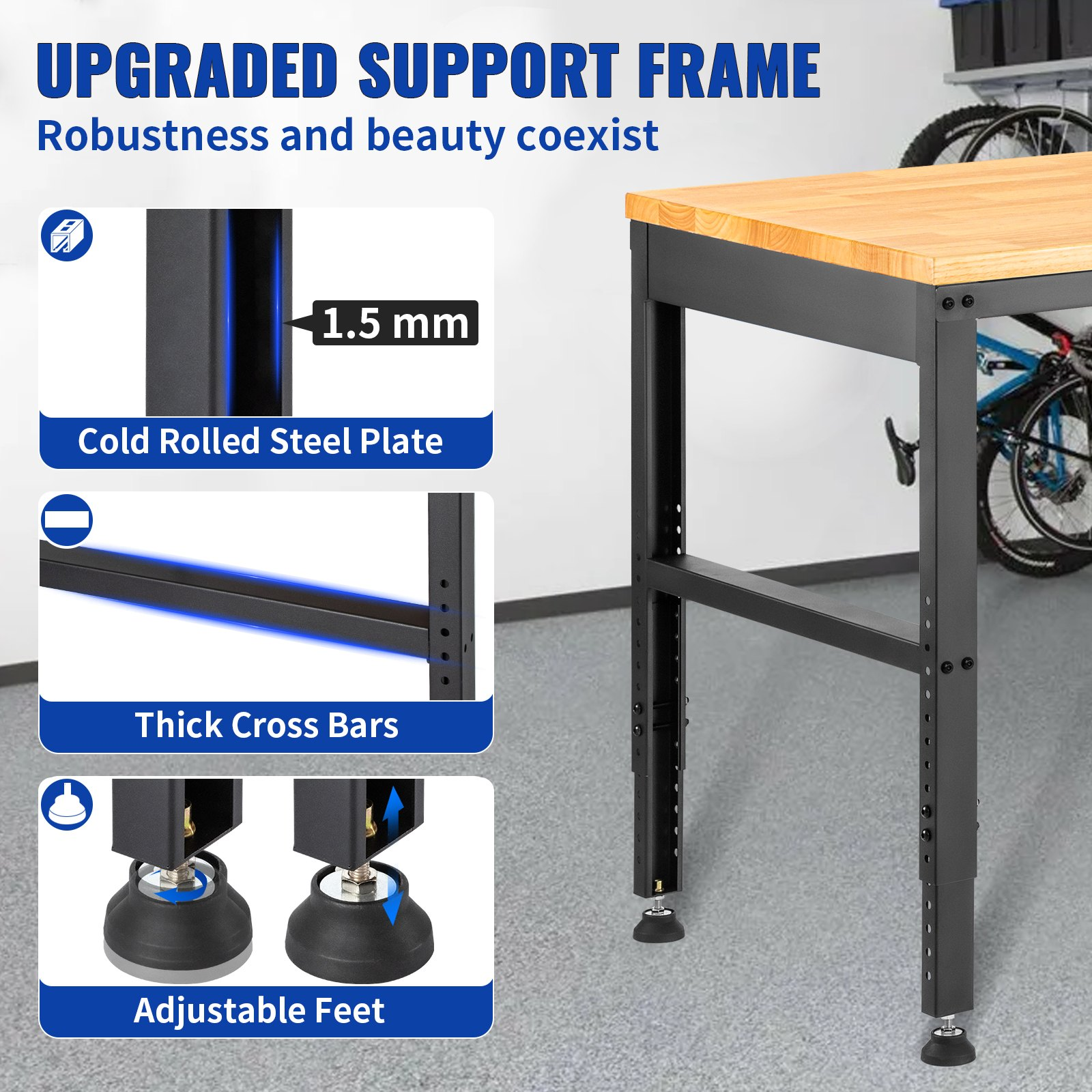 Start2Finish VEVOR adjustable workbench with 2000 lbs capacity, 48x20-inch surface, height adjustment, and built-in power outlets.