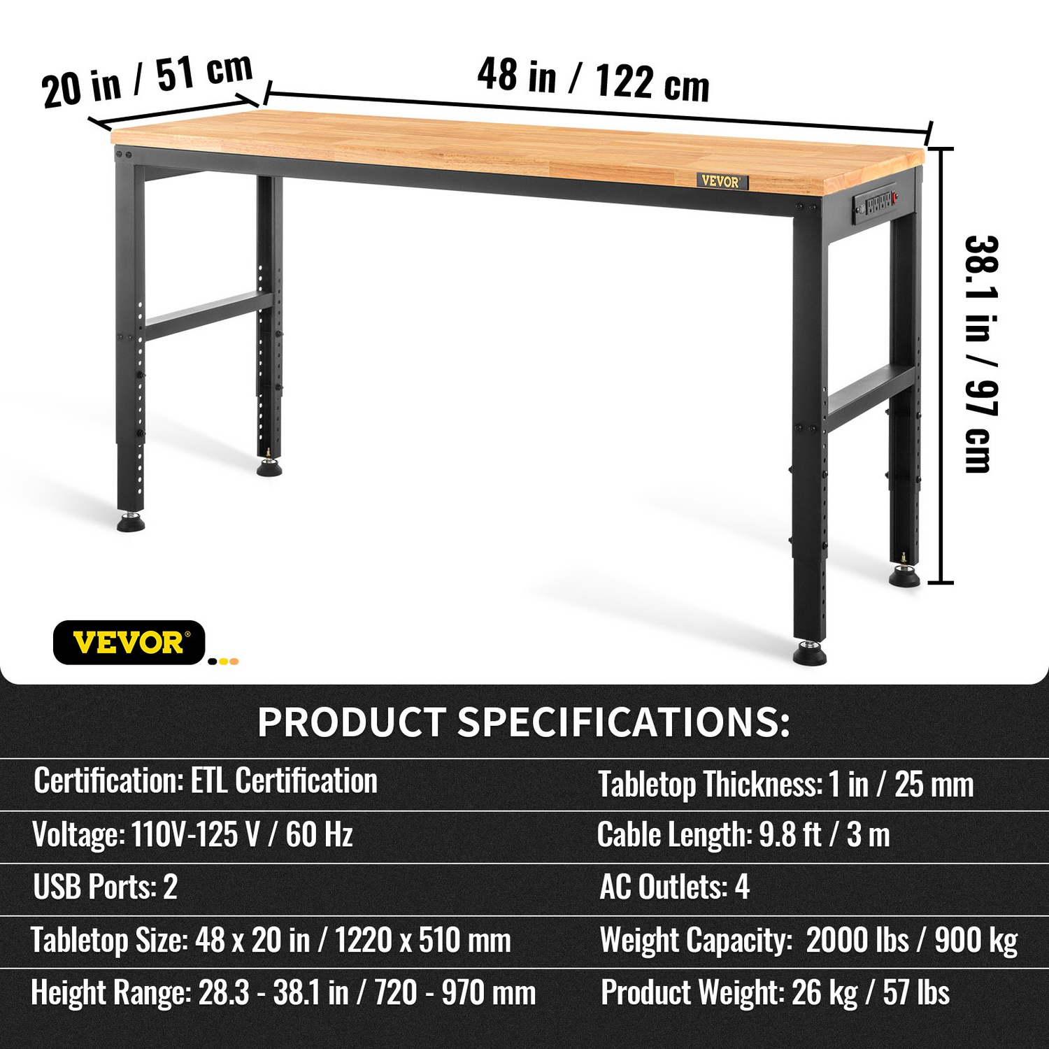 Start2Finish VEVOR adjustable workbench with power outlets, heavy-duty 2000 lbs capacity, 48x20-inch surface, height adjustable.