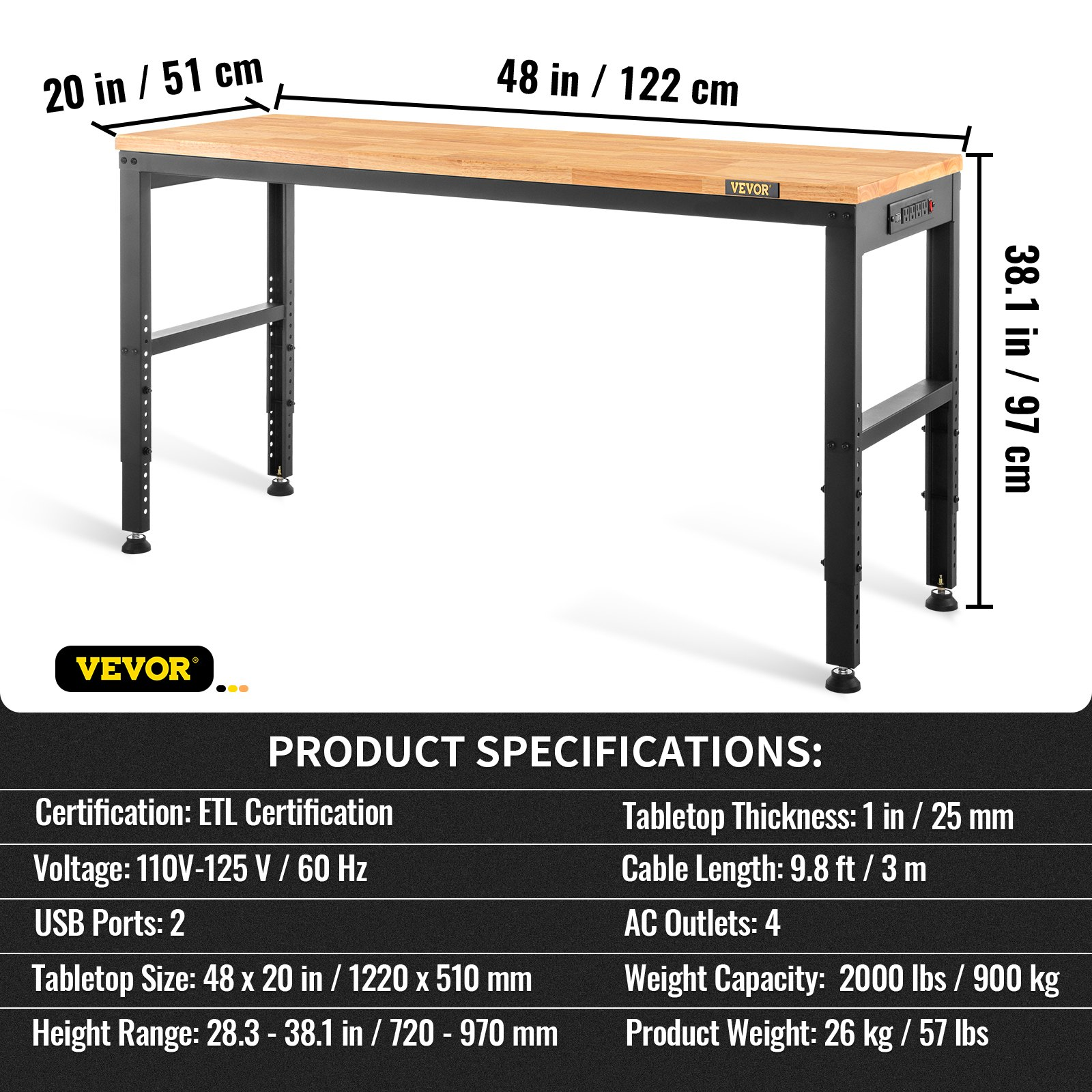Start2Finish VEVOR adjustable workbench with power outlets, heavy-duty 2000 lbs capacity, 48x20-inch surface, height adjustable.