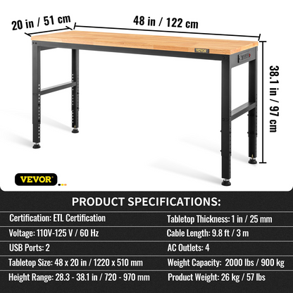 Start2Finish VEVOR adjustable workbench with power outlets, heavy-duty 2000 lbs capacity, 48x20-inch surface, height adjustable.
