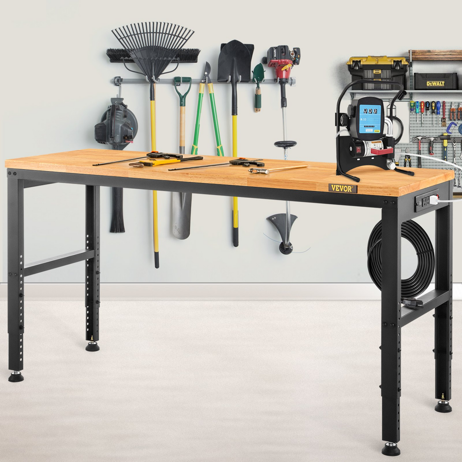 Start2Finish VEVOR adjustable workbench with power outlets, 2000 lbs capacity, 48x20 inches, height adjustable for garage or workshop.