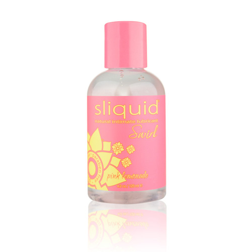 Sliquid Naturals Swirl Pink Lemonade flavored lubricant bottle from Start2Finish, featuring the product label and colorful packaging.