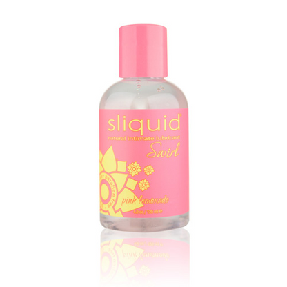 Sliquid Naturals Swirl Pink Lemonade flavored lubricant bottle from Start2Finish, featuring the product label and colorful packaging.