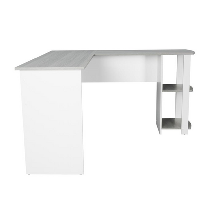 Grey Techni Mobili L-shaped desk with side shelves, modern design, featuring a spacious workspace and integrated storage.