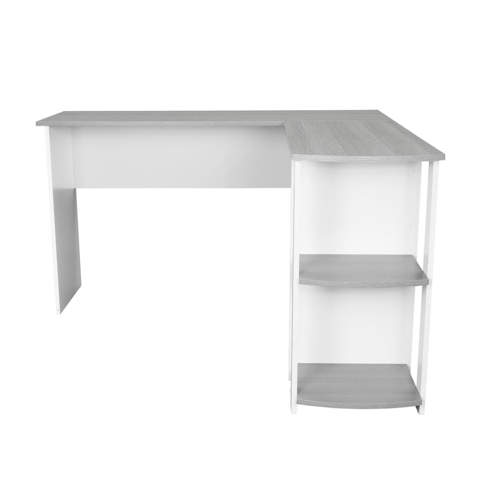 Grey Techni Mobili modern L-shaped desk with side shelves, featuring a sleek design and ample workspace for home offices.