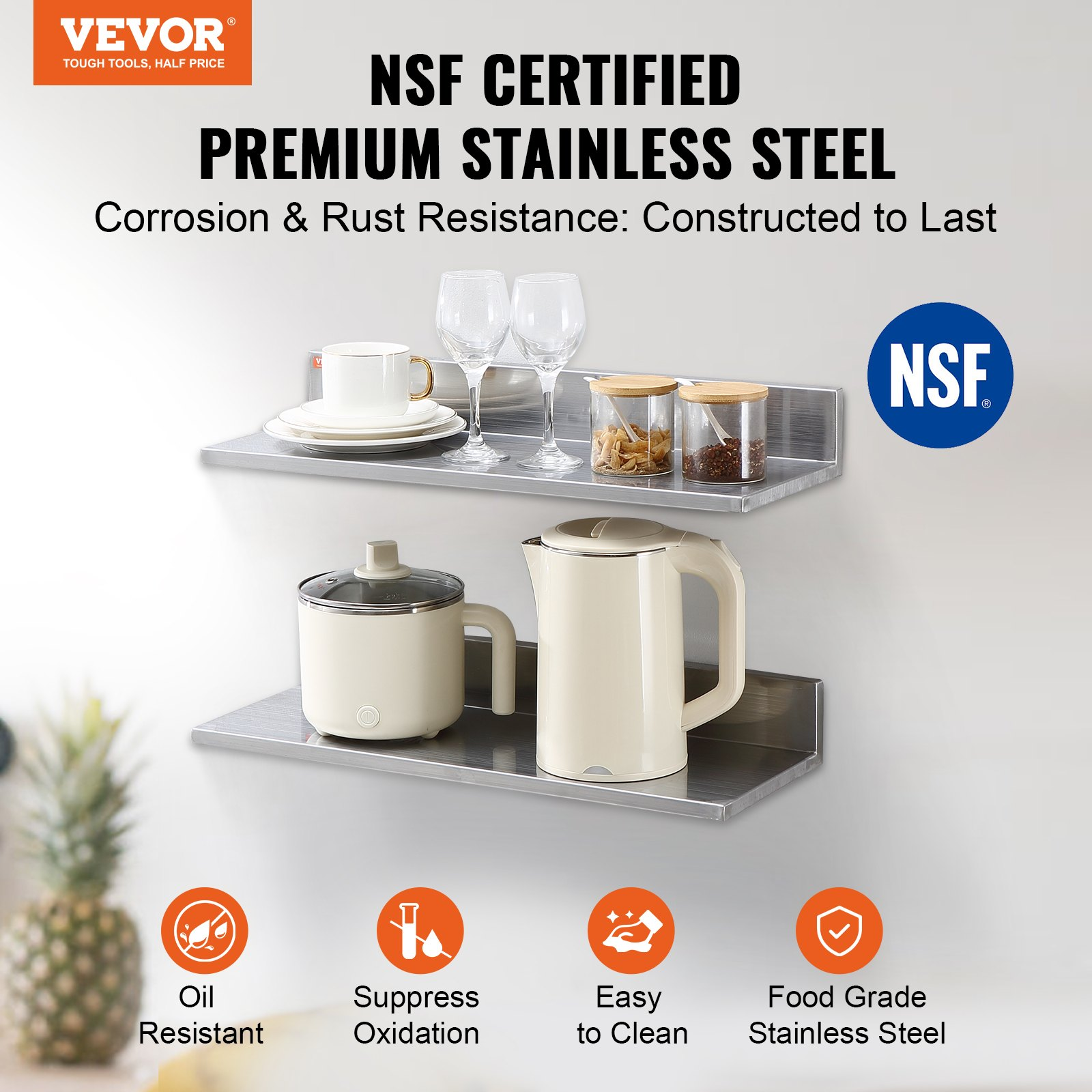 Start2Finish stainless steel wall-mounted floating shelves, 8.6 x 24 inches, with backsplash, ideal for kitchen, restaurant, or bar storage.