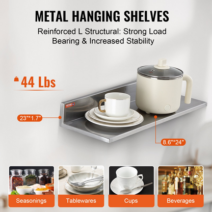 Start2Finish stainless steel wall-mounted floating shelves, 8.6x24 inches, with backsplash, ideal for kitchens, bars, and commercial spaces.