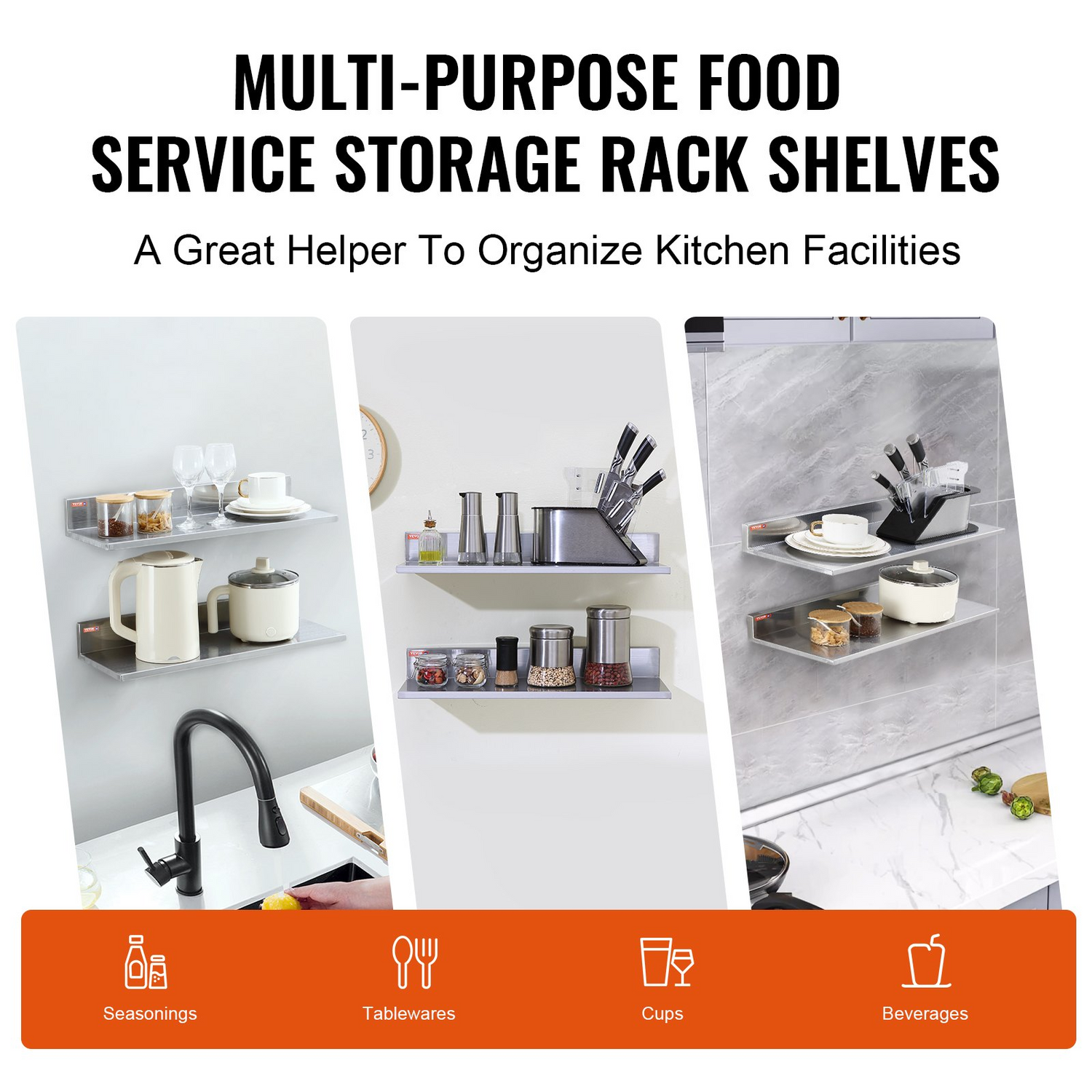 Start2Finish stainless steel wall-mounted floating shelves, 8.6"x24", with backsplash, ideal for commercial or home kitchen storage.