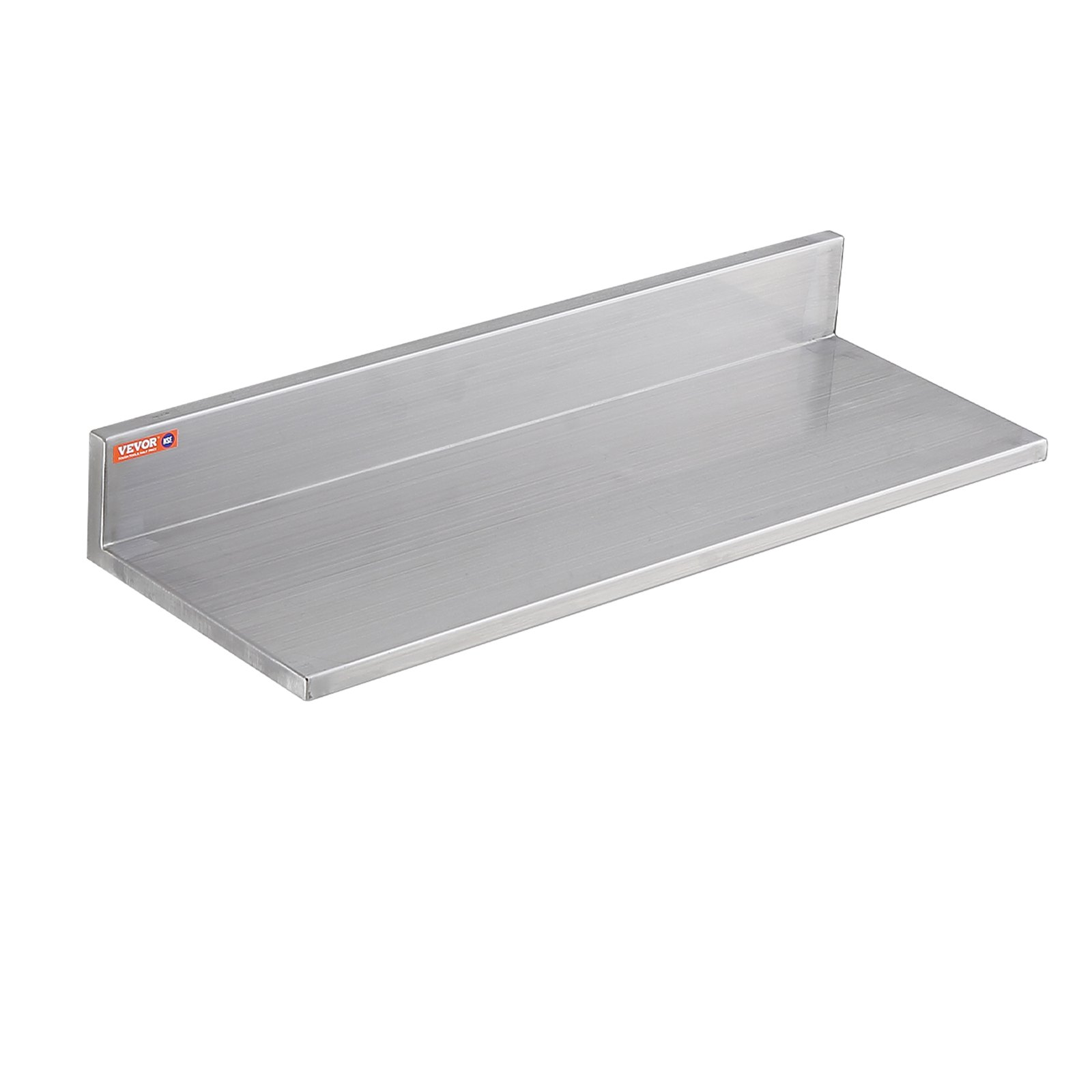 Start2Finish stainless steel wall-mounted floating shelves, 8.6" x 24", with backsplash and 44 lbs capacity, ideal for kitchen or restaurant storage.