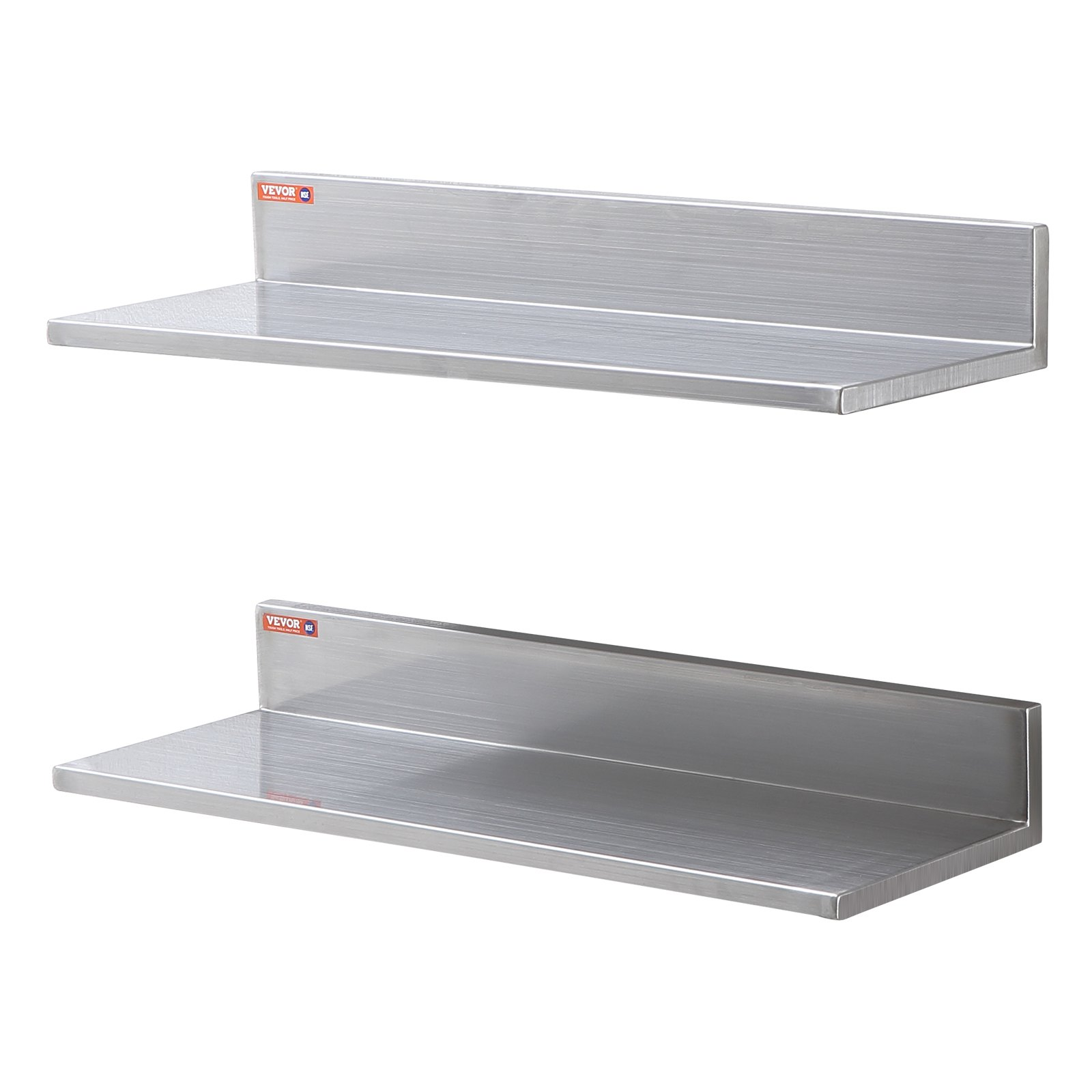 Start2Finish stainless steel wall-mounted floating shelves, 8.6 x 24 inches, ideal for kitchen, restaurant, or bar storage.