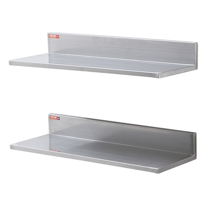 Start2Finish stainless steel wall-mounted floating shelves, 8.6 x 24 inches, ideal for kitchen, restaurant, or bar storage.