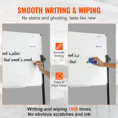 Start2Finish VEVOR double-sided magnetic whiteboard with adjustable height, wheels, dry erase surface, markers, and movable tray.