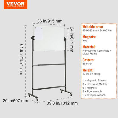 Start2Finish VEVOR rolling magnetic whiteboard, double-sided 36x24-inch dry erase board with adjustable height and movable tray.