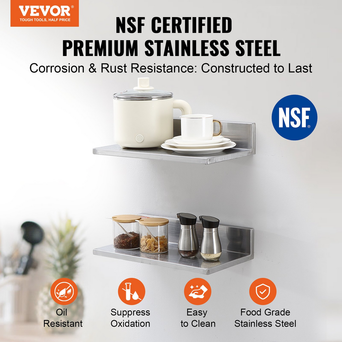 Start2Finish VEVOR stainless steel wall-mounted floating shelves with backsplash, 8.6"x16" heavy-duty storage racks for kitchen or restaurant use