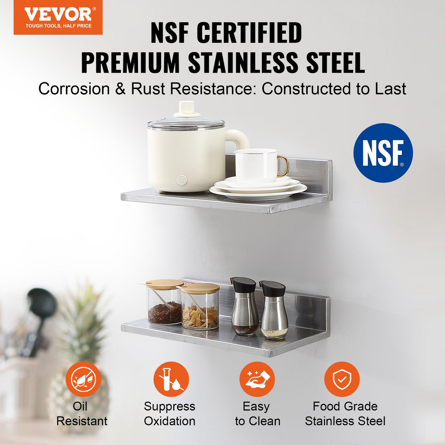 Start2Finish VEVOR stainless steel wall-mounted floating shelves with backsplash, 8.6"x16" heavy-duty storage racks for kitchen or restaurant use