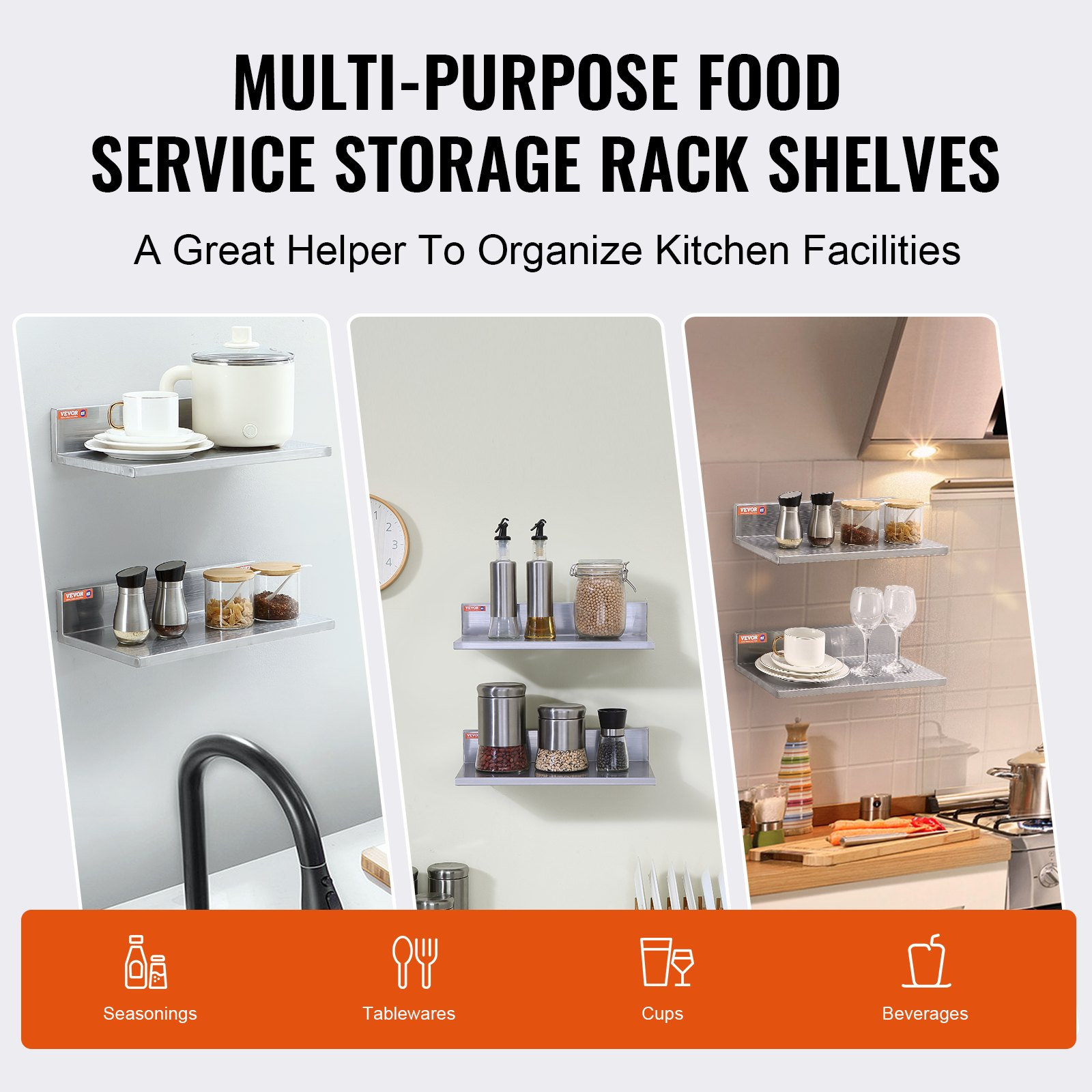 Start2Finish stainless steel wall-mounted floating shelves, 8.6 x 16 inches, with backsplash for kitchen, restaurant, or home storage.