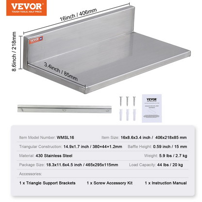 Start2Finish stainless steel wall-mounted floating shelves, 8.6x16 inches, with backsplash, heavy-duty kitchen and restaurant storage racks