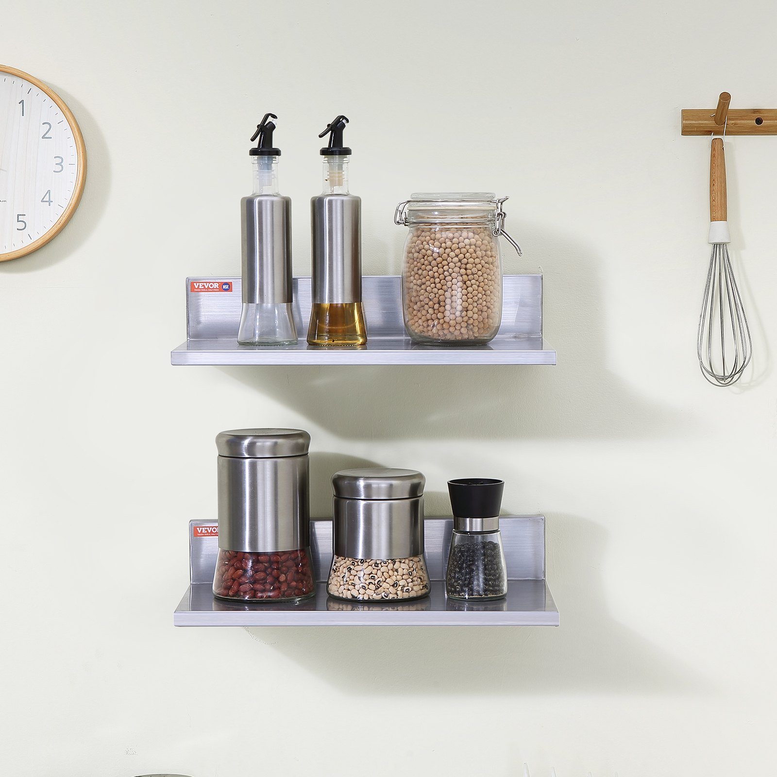 Start2Finish stainless steel wall-mounted floating shelves, 8.6" x 16", with backsplash, heavy-duty storage for kitchen or commercial use