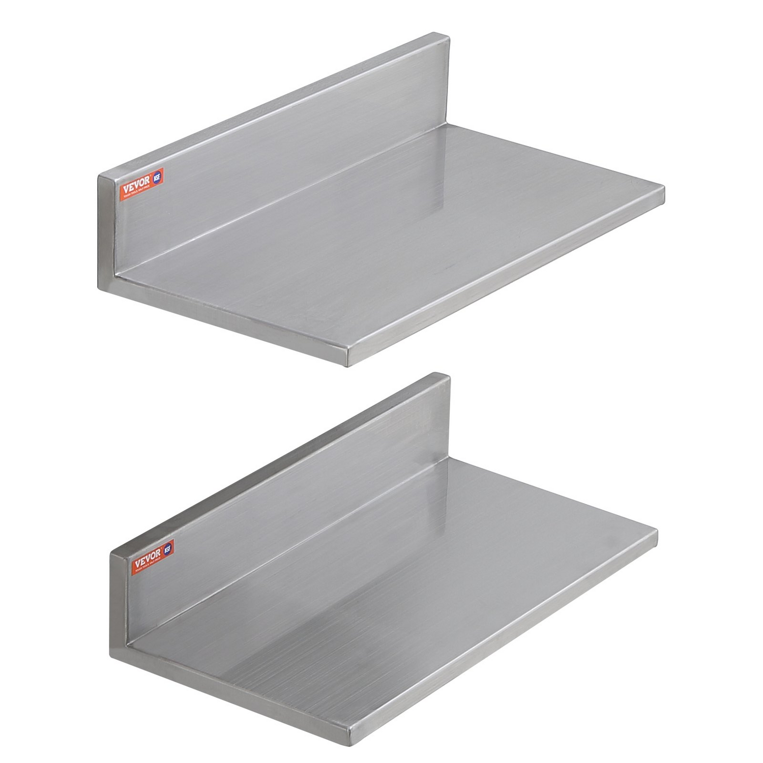 Start2Finish stainless steel wall-mounted floating shelves, 8.6 x 16 inches, with backsplash and 44 lbs load capacity for kitchen or restaurant use.