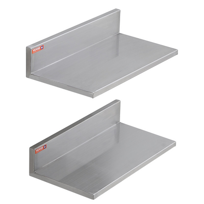 Start2Finish stainless steel wall-mounted floating shelves, 8.6 x 16 inches, with backsplash and 44 lbs load capacity for kitchen or restaurant use.