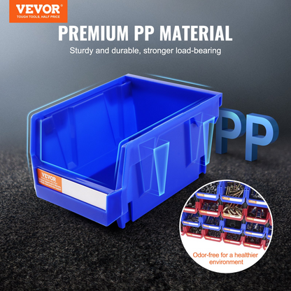Start2Finish VEVOR plastic storage bins, blue and red, stackable organizer containers for closet, kitchen, or office organization.