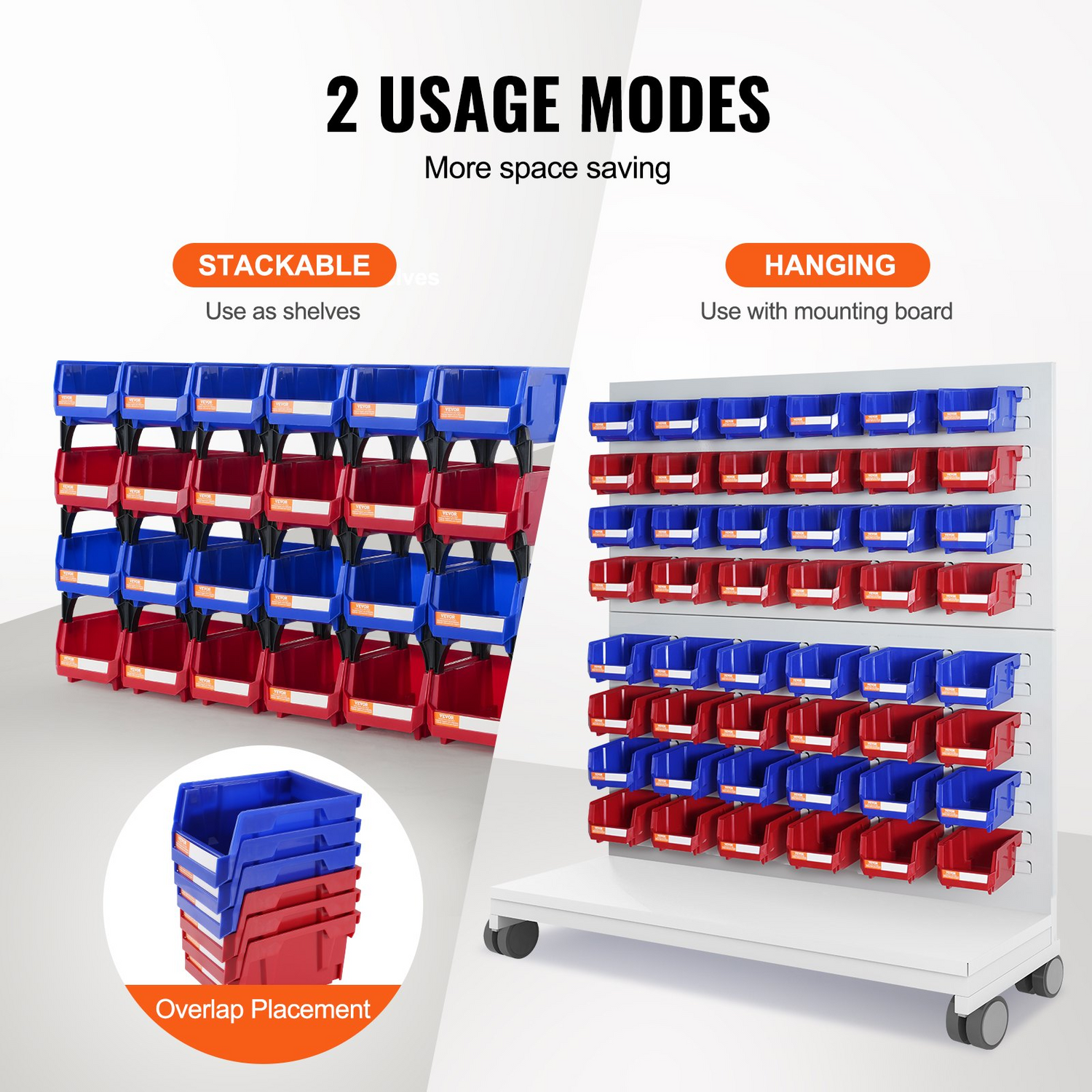 Stackable plastic storage bins in blue and red, 5x4x3 inches, ideal for closet, kitchen, or office organization.