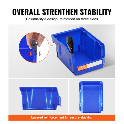 Start2Finish VEVOR plastic storage bins, stackable blue and red organizers for closet, kitchen, or pantry organization.