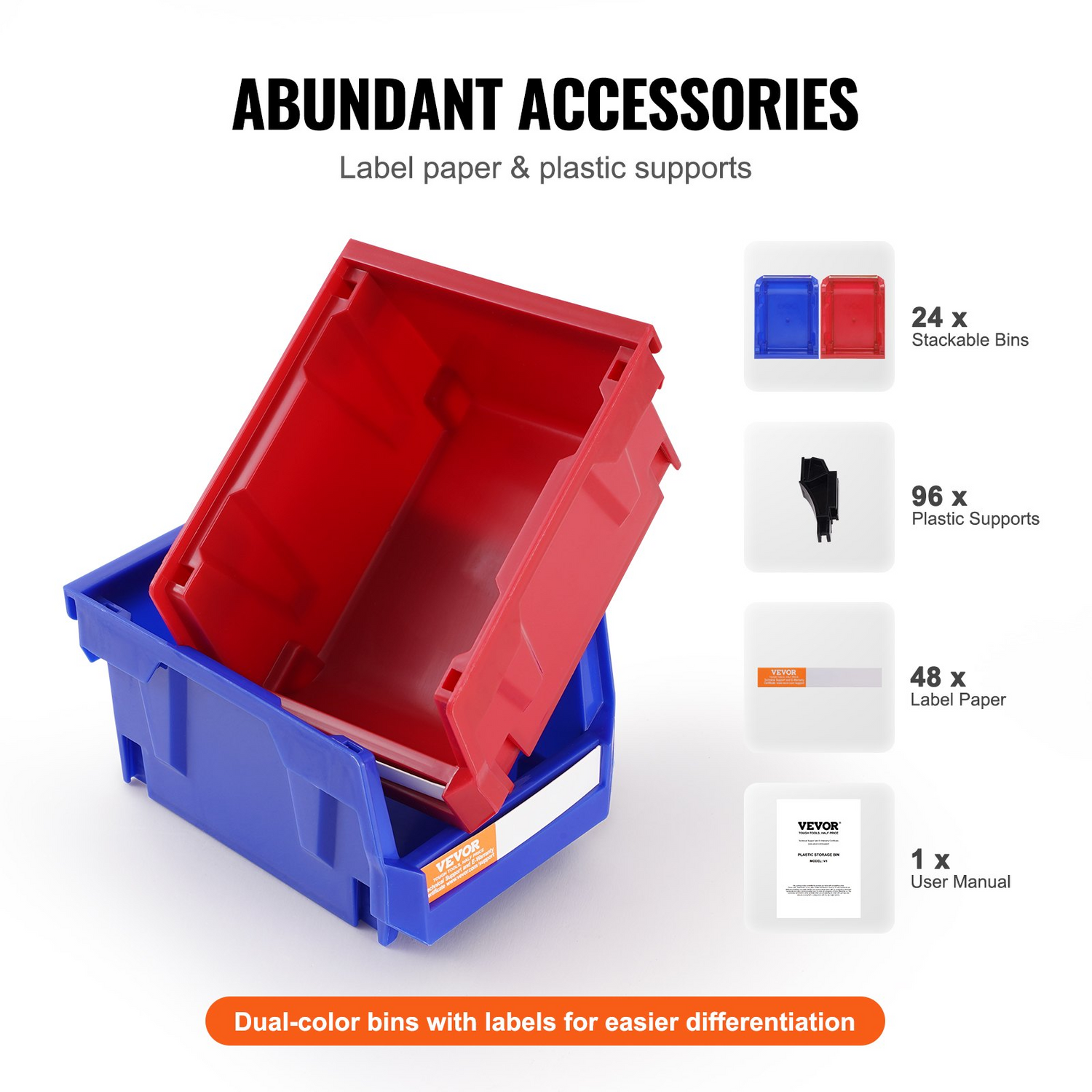 Stackable VEVOR plastic storage bins in blue and red, hanging organizer containers for closet, kitchen, or office organization.