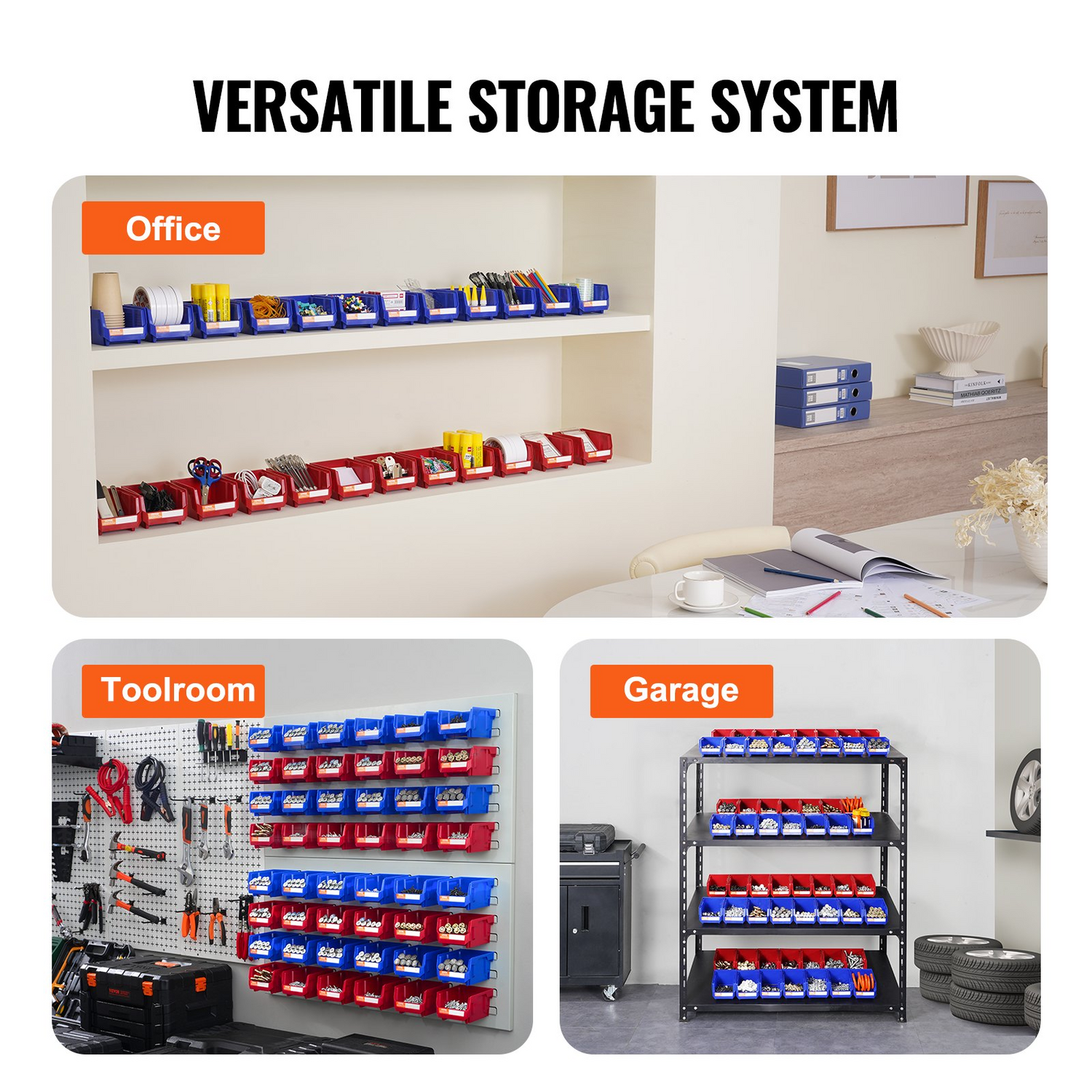 Stackable plastic storage bins in blue and red, 5x4x3 inches, from Start2Finish, ideal for closet, kitchen, and office organization.