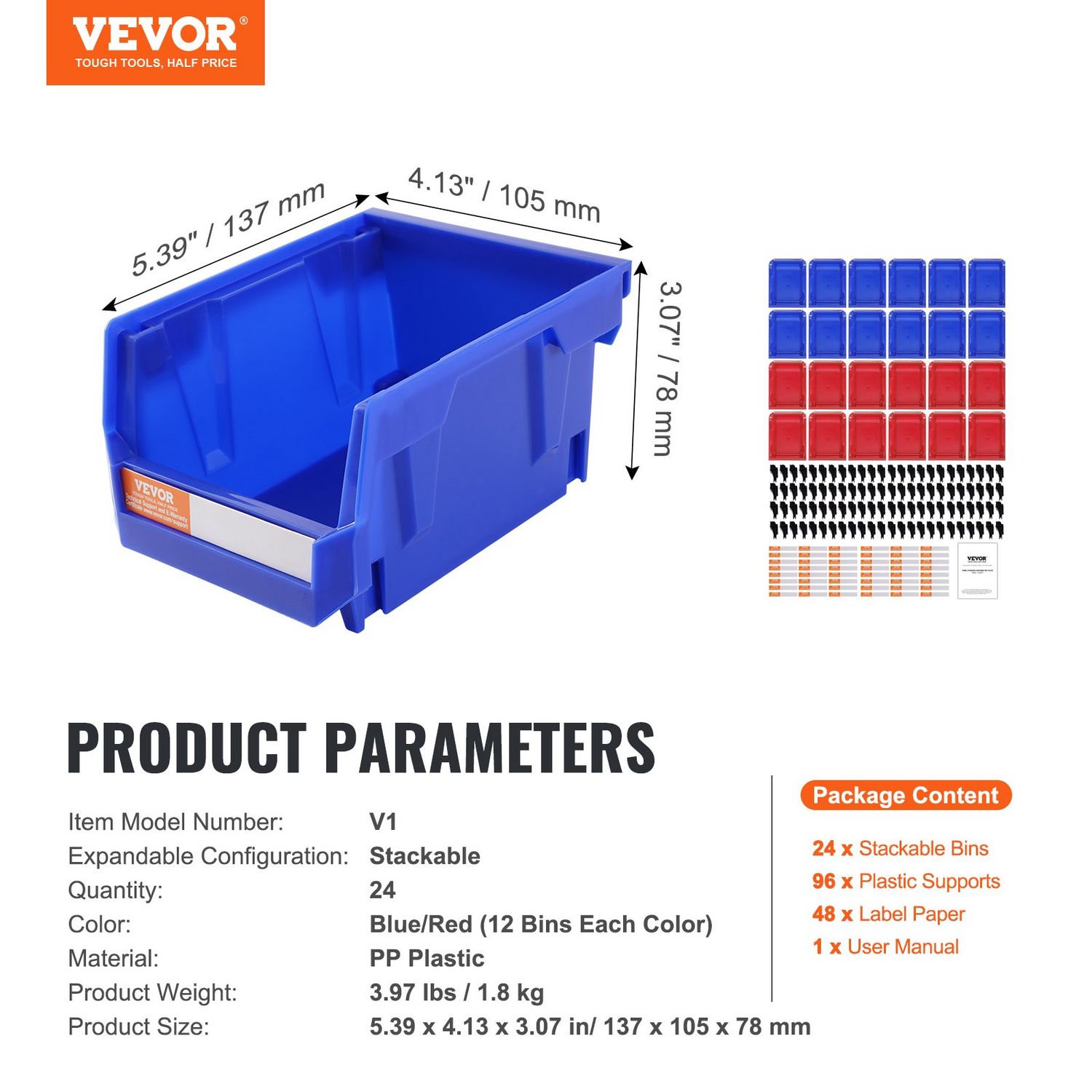 Set of 24 VEVOR plastic storage bins in blue and red, stackable hanging organizers for closet, kitchen, or pantry storage.