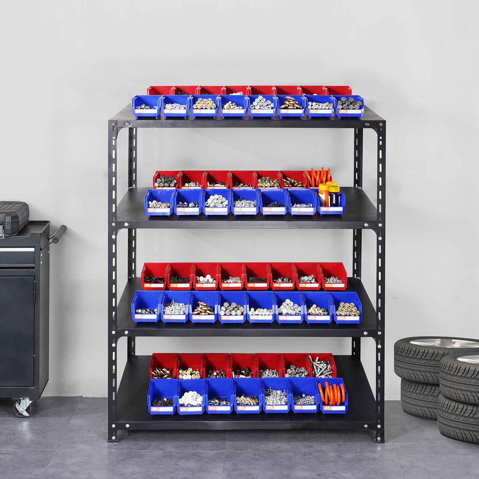 Stackable VEVOR plastic storage bins in blue and red, 5x4x3 inches, ideal for closet, kitchen, or office organization.