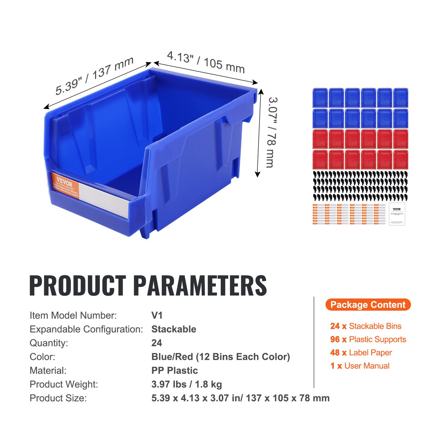 Set of 24 heavy-duty VEVOR plastic storage bins in blue and red, stackable hanging organizers for closet, kitchen, or pantry.