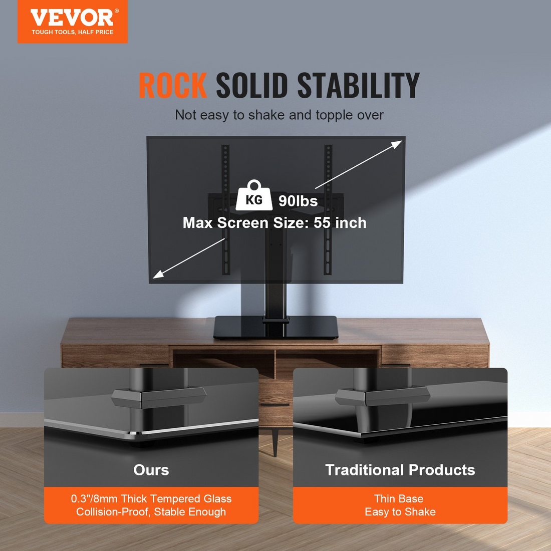 Start2Finish VEVOR TV stand mount with swivel, height adjustment, portable design, and tempered glass base for 32-55 inch TVs.