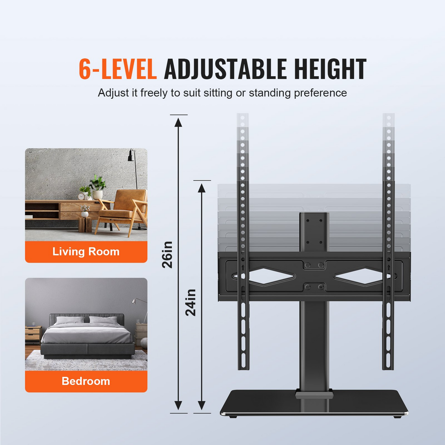 Start2Finish VEVOR TV stand mount for 32-55 inch TVs with adjustable height, swivel feature, and tempered glass base.