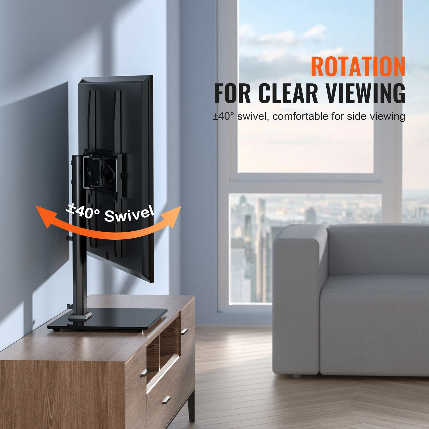 Start2Finish VEVOR TV stand mount with adjustable height, swivel feature, portable design, and tempered glass base for 32-55 inch TVs.
