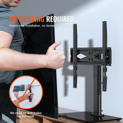 Start2Finish VEVOR universal TV stand with swivel, adjustable height, and tempered glass base holding 32-55 inch TVs for living room or bedroom
