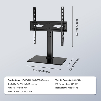 Start2Finish VEVOR TV stand mount for 32-55 inch TVs, with swivel, adjustable height, and tempered glass base for living room or bedroom