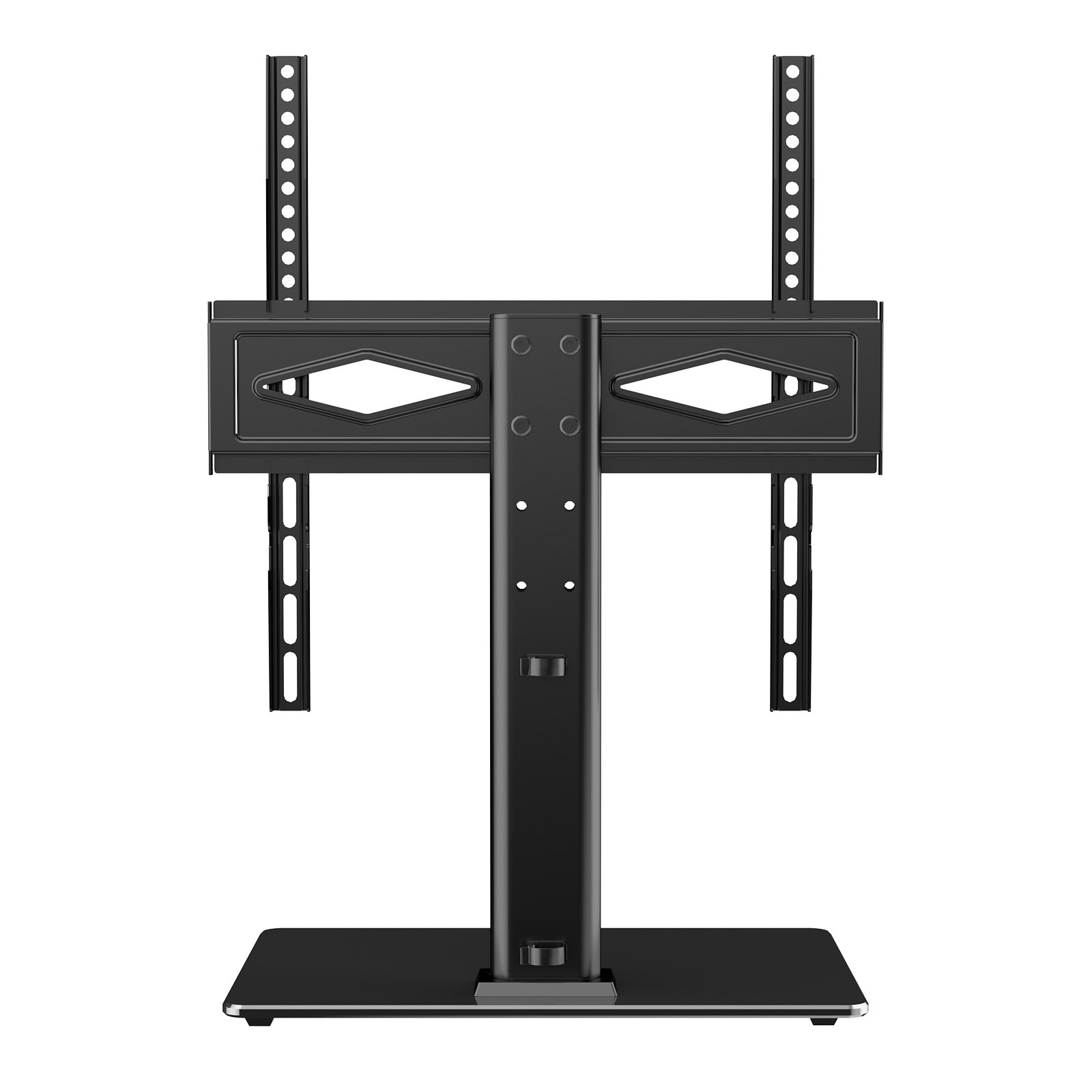 Start2Finish VEVOR swivel TV stand for 32-55 inch TVs with adjustable height and tempered glass base in a living room setting.