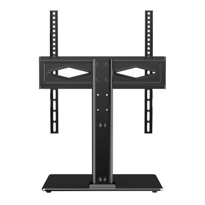 Start2Finish VEVOR swivel TV stand for 32-55 inch TVs with adjustable height and tempered glass base in a living room setting.